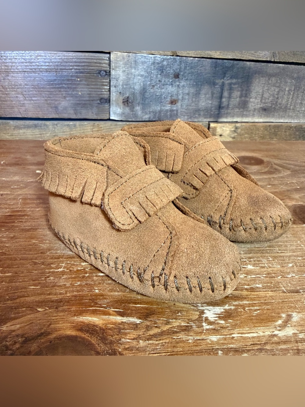 Minnetonka Moccasins Infants Front Strap Bootie, Brown, Size 3